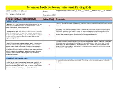 Tennessee Textbook Review Instrument: Reading (K-8) Publisher: Scott Foresman / Pearson Title of program: Reading Street Program category (choose one): _x_ Basal ___ Co-basal ___ Alt. level: high ___ Alt. level: low