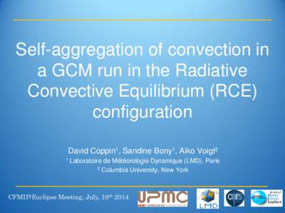 Self-aggregation of convection in a GCM run in the Radiative Convective Equilibrium (RCE) configuration David Coppin1, Sandine Bony1, Aiko Voigt2 1 Laboratoire