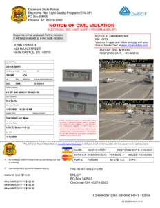 Delaware State Police Electronic Red Light Safety Program (ERLSP) PO Box[removed]Phoenix, AZ[removed]NOTICE OF CIVIL VIOLATION