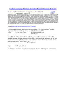 Southern Campaign American Revolution Pension Statements & Rosters Bounty Land Warrant information relating to James Peake VAS149 Transcribed by Will Graves vsl 2 VA[removed]