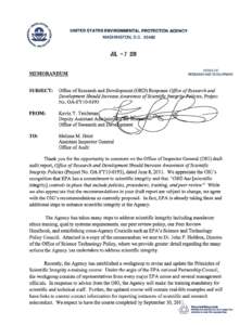 Office of Research and Development (ORD) Response Office of Research and Development Should Increase Awareness of Scientific Integrity Policies, Project No.OA-FY10-0193