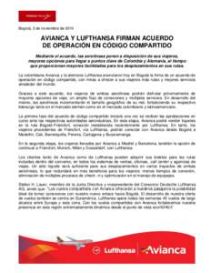 Bogotá, 3 de noviembre de[removed]AVIANCA Y LUFTHANSA FIRMAN ACUERDO