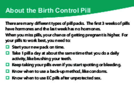 About the Birth Control Pill There are many different types of pill packs. The first 3 weeks of pills have hormones and the last week has no hormones. When you miss pills, your chance of getting pregnant is higher. For y