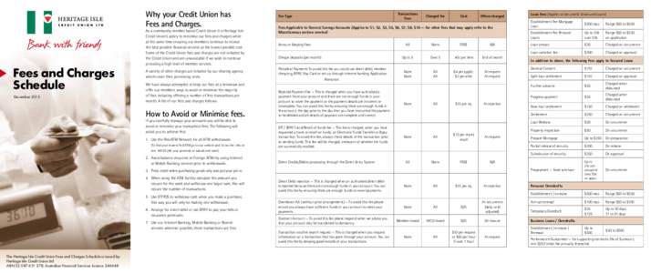 Why your Credit Union has Fees and Charges. Fees and Charges Schedule December 2013