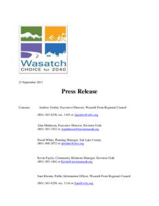 23 September[removed]Press Release Contacts:  Andrew Gruber, Executive Director, Wasatch Front Regional Council
