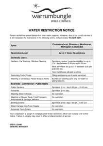 WATER RESTRICTION NOTICE Recent rainfall has eased demand on town water supplies. However, due to low runoff volumes it is still necessary for restrictions in the following towns. Effective date 10 April[removed]Town