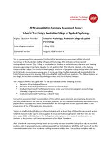APAC Accreditation Summary Assessment Report School of Psychology, Australian College of Applied Psychology Higher Education Provider School of Psychology, Australian College of Applied Psychology