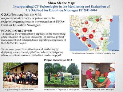 Show Me the Map: Incorporating ICT Technologies in the Monitoring and Evaluation of USDA/Food for Education Nicaragua FYGOAL: To strengthen the M&E organizational capacity of prime and subrecipient organizatio