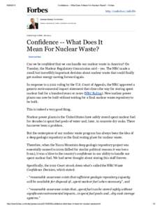 [removed]Confidence -- What Does It Mean For Nuclear Waste? - Forbes http://onforb.es/1nKcll6 James Conca Contributor