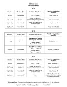 State of Iowa Election Calendar 2015 Election  Election Date