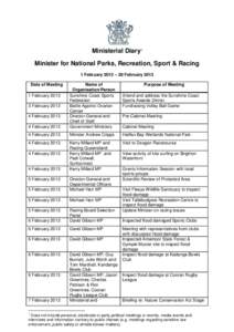 Ministerial Diary1 Minister for National Parks, Recreation, Sport & Racing 1 February 2013 – 28 February 2013 Date of Meeting  4 February 2013