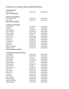 The following is a list of eligible candidates for NAGE National Officers National President David Holway There is one candidate  Local[removed]