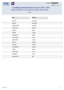 Candidats présélectionnés Concours CR2Groupe de disciplines : Neurosciences, cognition, santé mentale CSS