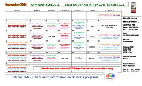 November[removed]GYM OPEN SCHEDULE SUNDAY