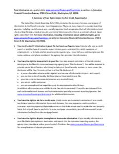 Para informacion en español, visite www.consumerfinance.gov/learnmore o escribe a la Consumer Financial Protection Bureau, 1700 G Street N.W., Washington, DC[removed]A Summary of Your Rights Under the Fair Credit Reporti