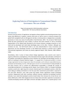 Marija Isailovic, MSc PhD researcher Institute of Environmental Studies, VU University Amsterdam Exploring Patterns of Participation in Transnational Climate Governance: The case of India