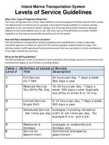 Inland Marine Transportation System  Levels of Service Guidelines Why is the Corps of Engineers doing this? The Corps of Engineers has a fiscal responsibility to provide taxpayers the best value for their money. The dete