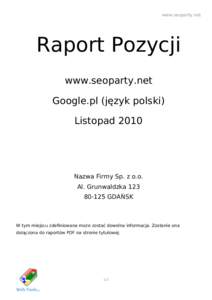 www.seoparty.net  Raport Pozycji www.seoparty.net Google.pl (język polski) Listopad 2010