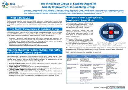 The Innovation Group of Leading Agencies Quality Improvement in Coaching Group Adrian Bürgi - Federal Institute of Sport Switzerland | Cyndie Flett - Coaching Association of Canada | Desiree Vardhan - South African Spor