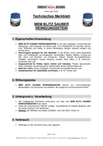 Technisches Merkblatt MEM BLITZ SAUBER REINIGUNGSSTEIN 1. Eigenschaften/Anwendung 