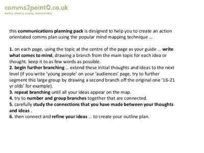 comms2point0.co.uk feeding. tweeting. posting. communicating this communications planning pack is designed to help you to create an action orientated comms plan using the popular mind mapping technique … 1. on each pag