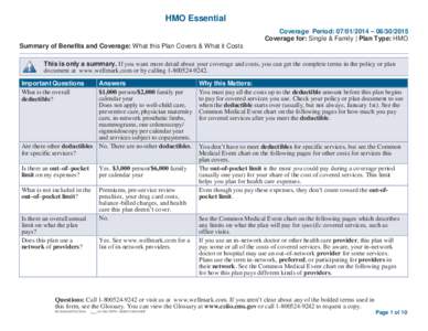 HMO Essential Coverage Period: [removed] – [removed]Coverage for: Single & Family | Plan Type: HMO Summary of Benefits and Coverage: What this Plan Covers & What it Costs This is only a summary. If you want more det