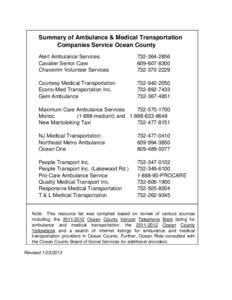 Summary of Ambulance & Medical Transportation Companies Service Ocean County Alert Ambulance Services Cavalier Senior Care Chaveirim Volunteer Services