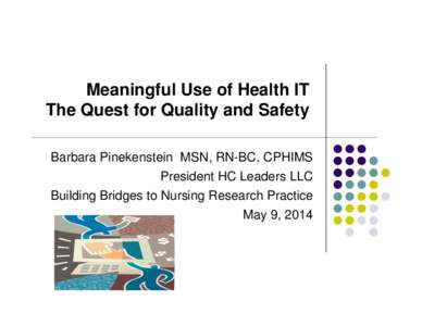 Meaningful Use of Health IT The Quest for Quality and Safety Barbara Pinekenstein MSN, RN-BC, CPHIMS President HC Leaders LLC Building Bridges to Nursing Research Practice May 9, 2014