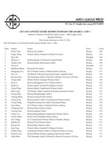 [removed]CONTEST SCORE REPORT SUMMARY FOR GRADES 3 AND 4 Summary of Results 3rd and 4th Grade Contests – Math League China Regional Standing This Contest took place on Feb 22, 2014. Top 195 Students in 3rd and 4th Gra