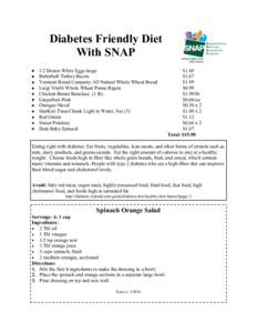 Diabetes Friendly Diet With SNAP 1/2 Dozen White Eggs-large Butterball Turkey Bacon Vermont Bread Company All Natural Whole Wheat Bread Luigi Vitelli Whole Wheat Penne Rigate