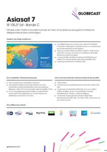 Asiasat 7 @ 105,5° Est - Bande C Diffusez votre chaîne à la position phare de l’Asie et accédez au plus grand nombre de téléspectateurs dans cette région Dessert une large audience : ■