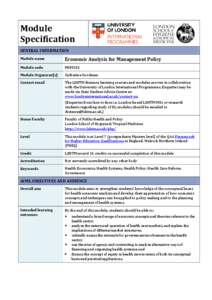 Module Specification GENERAL INFORMATION Module name  Economic Analysis for Management Policy