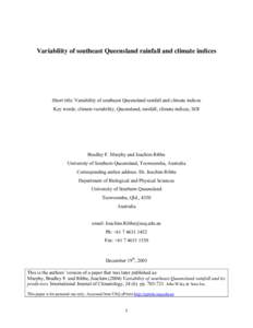 Variability of southeast Queensland rainfall and climate indices