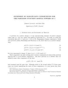 EXTENSION OF RAMANUJAN’S CONGRUENCES FOR THE PARTITION FUNCTION MODULO POWERS OF 5 Jeremy Lovejoy and Ken Ono Appearing in Crelle’s Journal