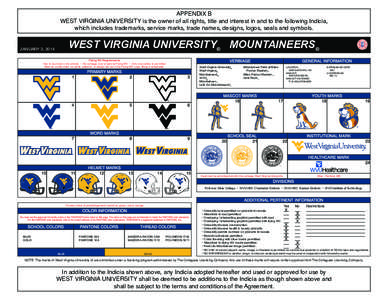 APPENDIX B WEST VIRGINIA UNIVERSITY is the owner of all rights, title and interest in and to the following Indicia, which includes trademarks, service marks, trade names, designs, logos, seals and symbols. WEST VIRGINIA 