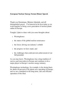 European Nuclear Energy Forum Dinner Speech (15 minutes)