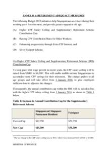 ANNEX B-1: RETIREMENT ADEQUACY MEASURES The following Budget 2015 initiatives help Singaporeans save more during their working years for retirement, and provide greater support in old age: (A)  Higher CPF Salary Ceiling 