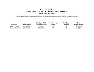 CITY OF OLNEY PUBLIC DISCLOSURE OF “TOTAL COMPENSATION” Illinois Public Act[removed]City of Olney does not provide bonuses, vehicle allowance, housing allowance, clothing allowance or loans.  Employee