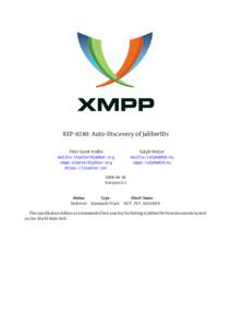 XEP-0240: Auto-Discovery of JabberIDs Peter Saint-Andre mailto:[removed] xmpp:[removed] https://stpeter.im/