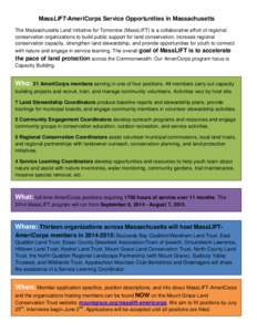 MassLIFT-AmeriCorps Service Opportunities in Massachusetts The Massachusetts Land Initiative for Tomorrow (MassLIFT) is a collaborative effort of regional conservation organizations to build public support for land conse
