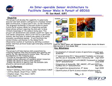 An Inter-operable Sensor Architecture to Facilitate Sensor Webs in Pursuit of GEOSS PI: Dan Mandl, GSFC Objective