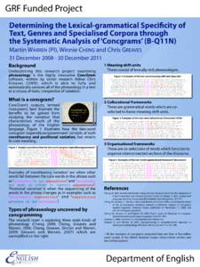 GRF Funded Project Determining the Lexical-grammatical Specificity of Text, Genres and Specialised Corpora through the Systematic Analysis of ‘Concgrams’ (B-Q11N) Martin WARREN (PI), Winnie CHENG and Chris GREAVES 31