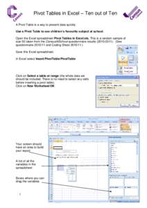 Pivot Tables in Excel – Ten out of Ten A Pivot Table is a way to present data quickly. Use a Pivot Table to see children’s favourite subject at school. Open the Excel spreadsheet Pivot Tables in Excel.xls. This is a 