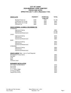 CITY OF CANBY ZION MEMORIAL PARK CEMETERY PRICES AND RATES EFFECTIVE JULY 1, 2012 (ResolutionGRAVE LOTS