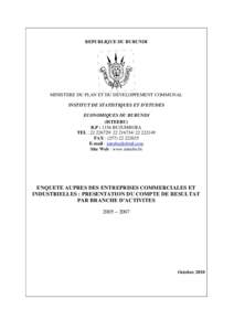 REPUBLIQUE DU BURUNDI  MINISTERE DU PLAN ET DU DEVELOPPEMENT COMMUNAL INSTITUT DE STATISTIQUES ET D’ETUDES ECONOMIQUES DU BURUNDI (ISTEEBU)