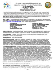 CALIFORNIA DEPARTMENT OF PUBLIC HEALTH RESEARCH SCIENTIST II (FOOD & DRUG SCIENCES) OPEN EXMINATION CONTINUOUS TESTING LR08[removed]2H1DK