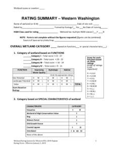 Wetland name or number ______  RATING SUMMARY – Western Washington Name of wetland (or ID #): _________________________________ Date of site visit: _____ Rated by____________________________ Trained by Ecology?__ Yes _