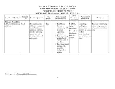 MIDDLE TOWNSHIP PUBLIC SCHOOLS CAPE MAY COURT HOUSE, NJ[removed]CURRICULUM GUIDE[removed]DISCIPLINE: Social Studies GRADE LEVEL: 6-8 Content/ Grade Level Standards