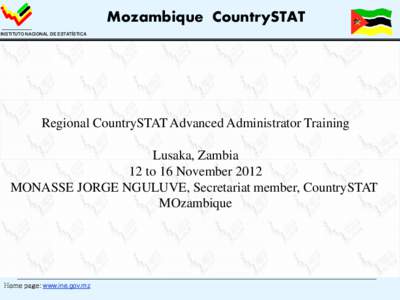 Mozambique CountrySTAT INSTITUTO NACIONAL DE ESTATÍSTICA Regional CountrySTAT Advanced Administrator Training Lusaka, Zambia 12 to 16 November 2012