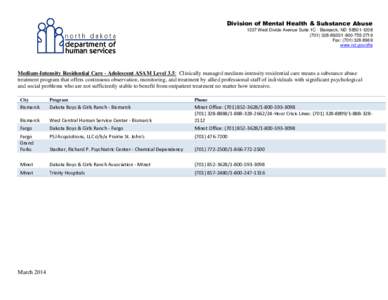 Division of Mental Health & Substance Abuse 1237 West Divide Avenue Suite 1C - Bismarck, ND[removed][removed][removed]Fax: ([removed]www.nd.gov/dhs